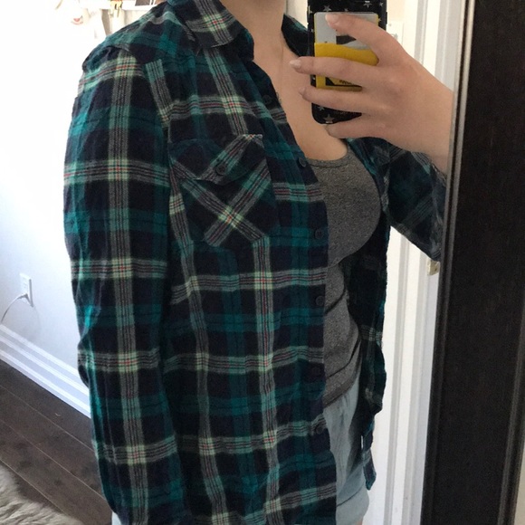 Blue Green Plaid Button-Down Top - Picture 2 of 3